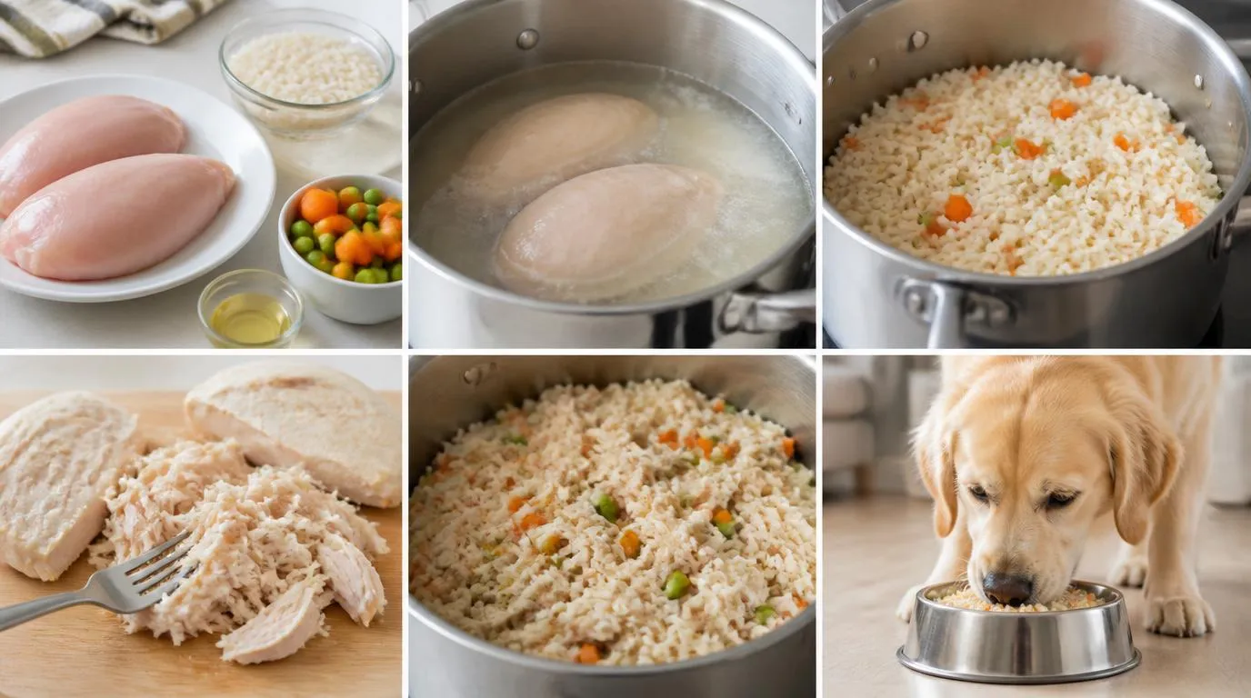 Homemade chicken and rice dog food in a bowl